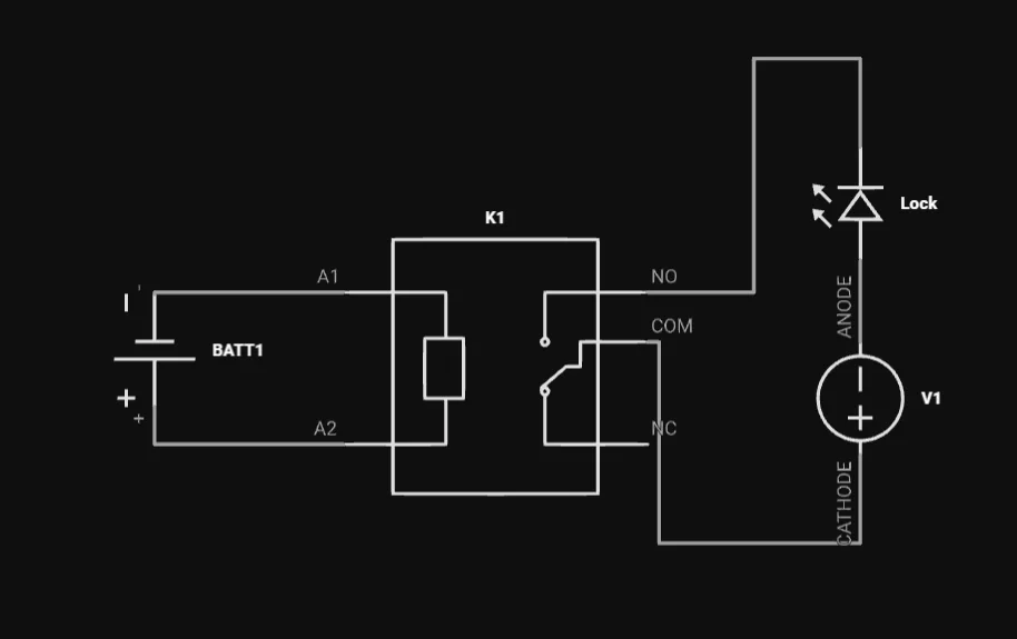 Schematic of the relay switching a 12-volt battery into the solenoid lock
