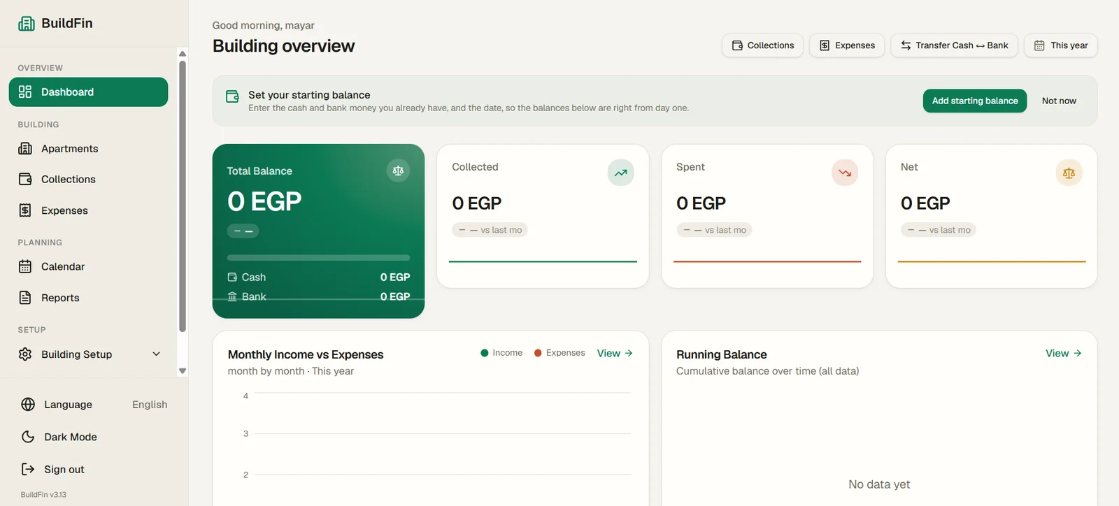 BuildFin building overview: total balance split into cash and bank, collected, spent and net cards, and a monthly income versus expenses chart