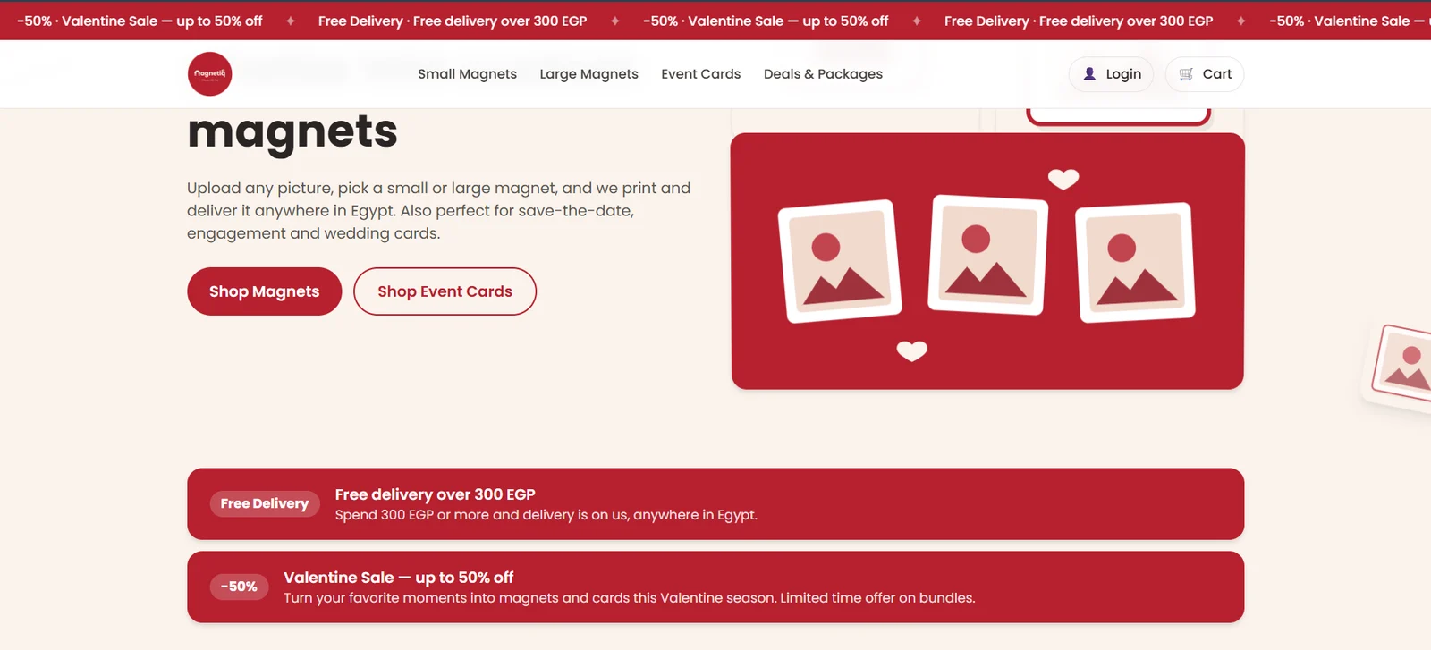 Magnetiq home page: sale banner, navigation for small magnets, large magnets and event cards, and buttons to shop magnets or event cards