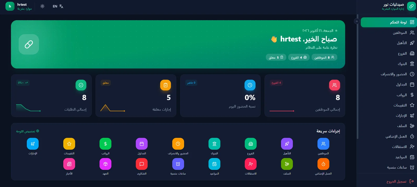 Nour HR dashboard in Arabic, right to left: welcome banner, totals for employees, attendance, holidays and requests, and quick-action shortcuts