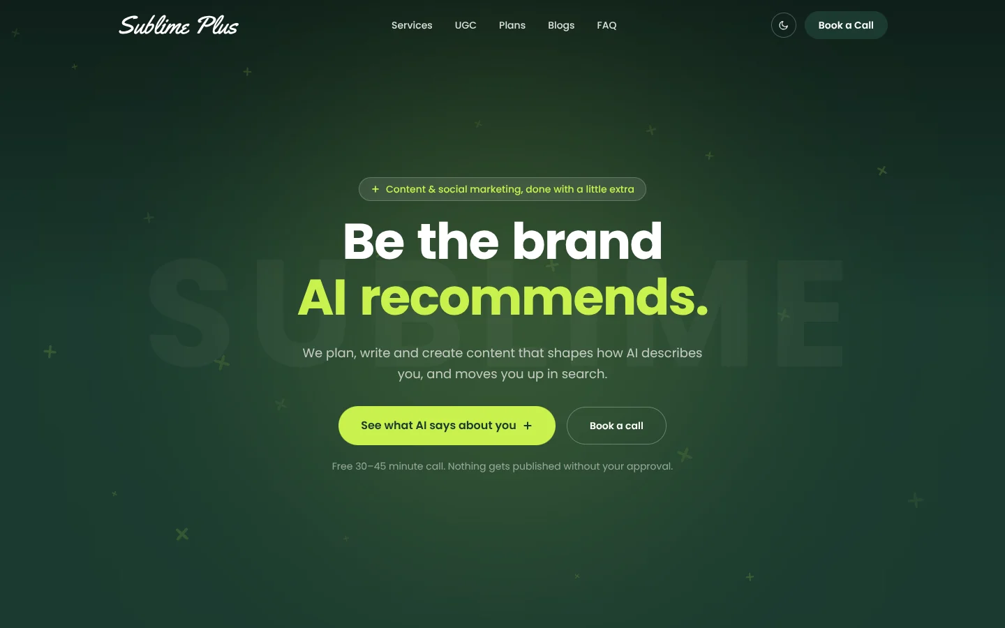 Sublime+ homepage with the headline 'Be the brand AI recommends'