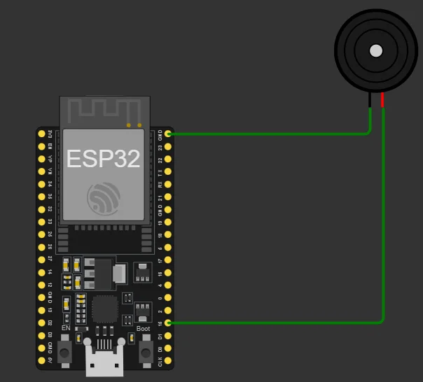 Wokwi simulation of the Buzzer circuit on an ESP32