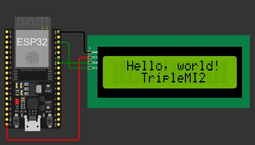 Wokwi simulation of the I2C LCD circuit on an ESP32